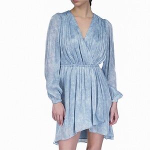 Michael Kors Surplice Faux Wrap Short Dress Ruched Long Sleeve Light Blue XL NWT